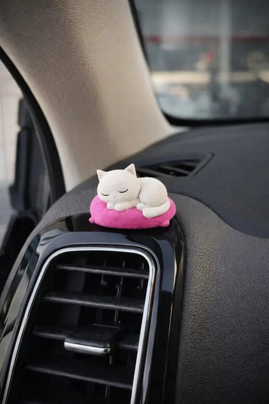 2'li Araba Süs Seti: 6'lı Papatya Klima Süsü ve 1 Adet Pembe Yastıkta Uyuyan Kedi Torpido Süsü