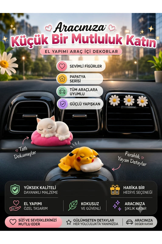 Yastık Üstünde Yatan Sevimli Mini Kedi Torpido Süsü - Yastıkta Üstünde Uyuyan Kedi Araba Süsü Dekor
