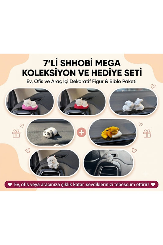 7'li Mega Koleksiyon Süs Seti: Sevimli Kedi, Tavşan, Panda ve Pikachu Masa Üstü Dekoratif Obje Hediye Paketi Masa Süsü