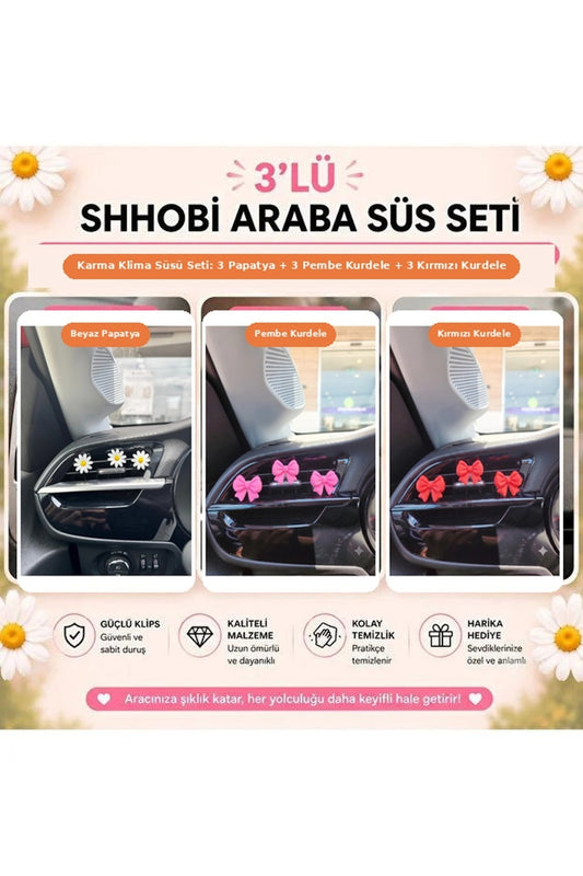 9'lu Karma Klima Süs Seti: 3 Papatya + 3 Pembe Kurdele + 3 Kırmızı Kurdele Araç İçi Aksesuar