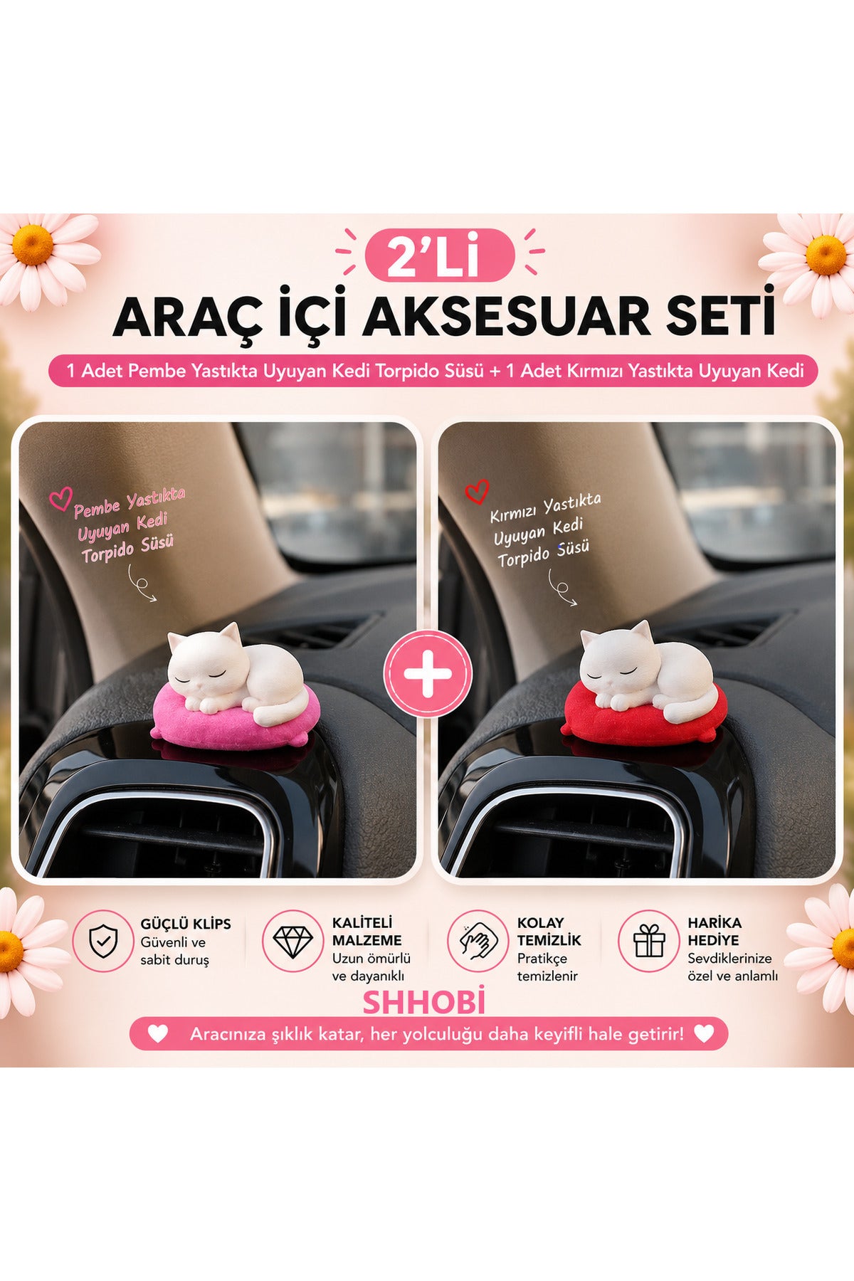 2'li Araba Süs Seti: 1 Adet Pembe Yastıkta Uyuyan Kedi + 1 Adet Kırmızı Yastıkta Uyuyan Kedi Torpido Süsü