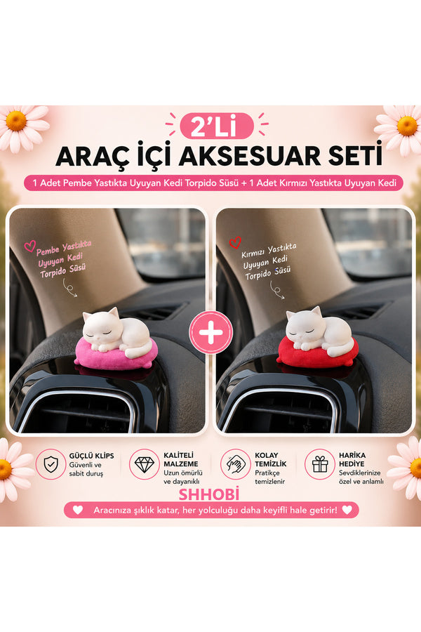 2'li Araba Süs Seti: 1 Adet Pembe Yastıkta Uyuyan Kedi + 1 Adet Kırmızı Yastıkta Uyuyan Kedi Torpido Süsü
