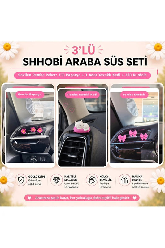 3'lü Pembe Konsept Araba Süs Seti: 3 Papatya Klima Süsü + 3 Kurdele Klima Süsü ve 1 Yastıkta Uyuyan Kedi Torpido Süsü