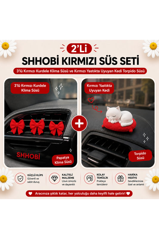 2'li Kırmızı Süs Seti: 3 Adet Kırmızı Kurdele Fiyonk Klima Süsü ve 1 Adet Kırmızı Yastıkta Uyuyan Kedi Torpido Süsü