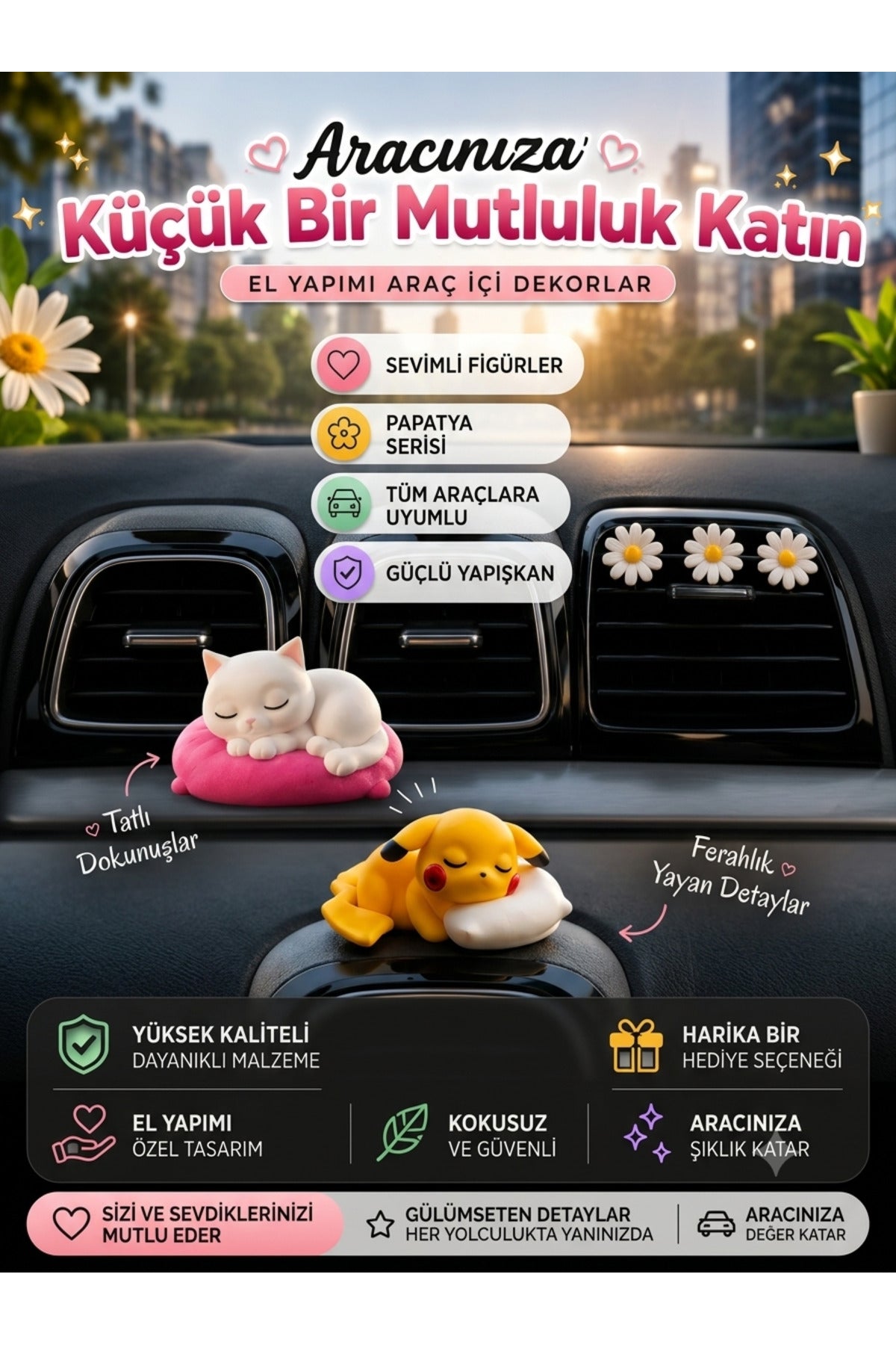 Yastık Üstünde Yatan Sevimli Mini Kedi Torpido Süsü - Yastıkta Üstünde Uyuyan Kedi Araba Süsü Dekor